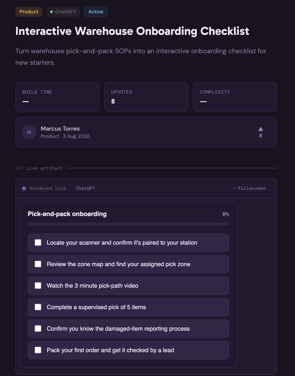 Idea detail page with a live embedded AI artifact